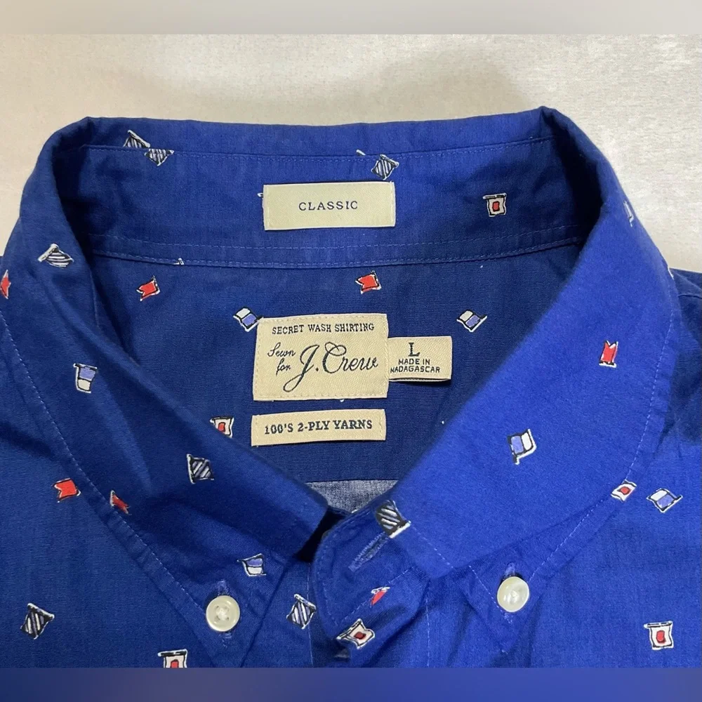 J. CREW mens Secret Wash cotton Golf Print shirt‎ Blue Size Large